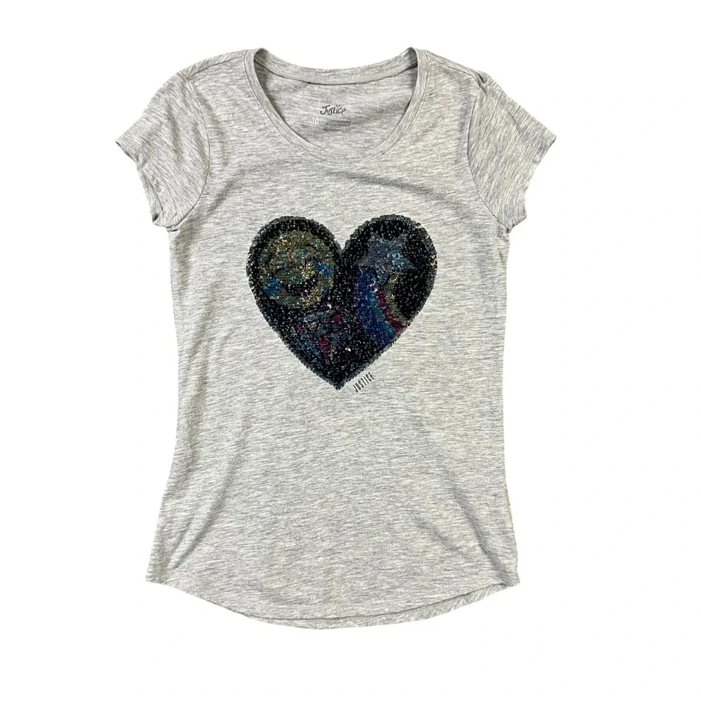 Justice T-Shirt Girls Size 10 Gray Flip Sequin Heart Emoji Star Short Sleeve Tee
